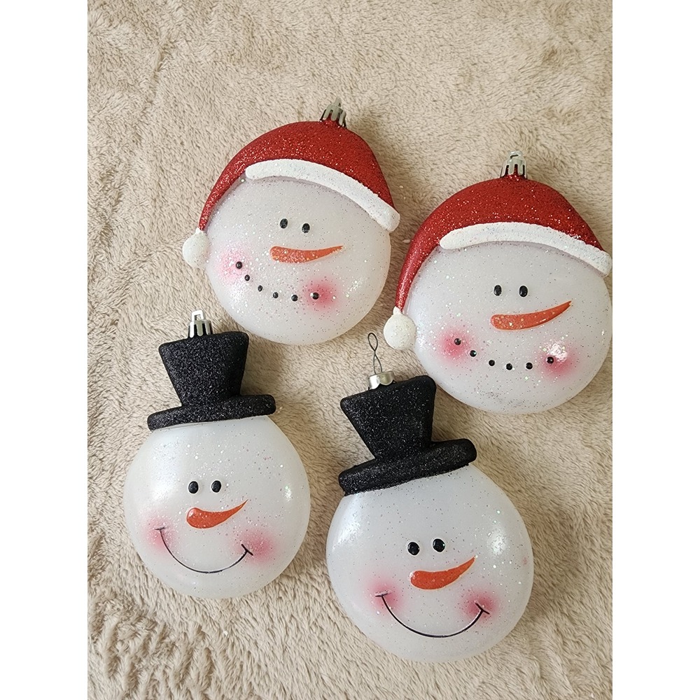 Set of 4 Glitter Snowman Face Christmas Ornaments Santa and Top Hats Red Black